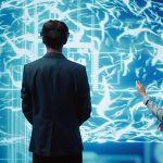 Engineers use VR headset and AR hologram, looking at AI neural networks modeled after human brain. Admins using artificial intelligence, virtual and augmented reality tech to look at data, camera B